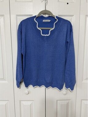 MissLook Sweater Womens XL Blue Ruffle V Neck Scallop Trim Knit Long Sleeve